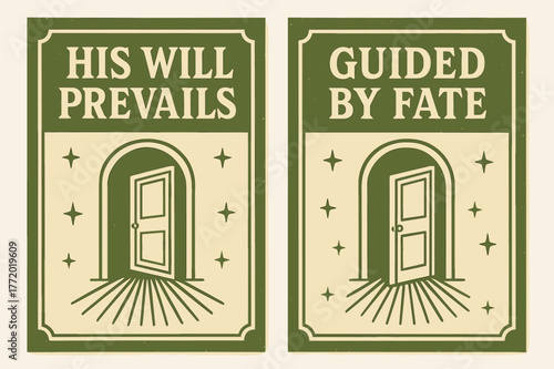 Retro Destiny Banners. Destiny. Two vertical A6 banners with safe margins, centered composition, no elements touching edges, retro, olive green and cream,