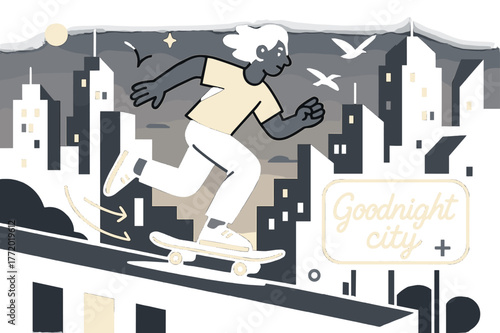 Skater's City Escape. City skyline at dusk. A skateboarder rolls along a rooftop edge while windows blink on; neon ?Goodnight city? hums softly. Birds stitch a