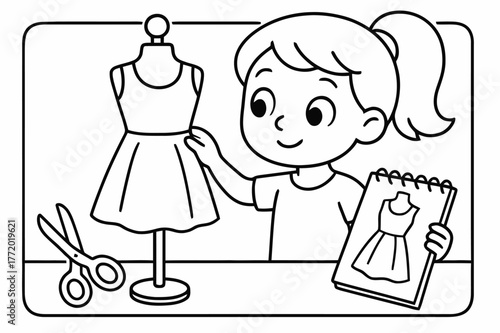 Designing Kid's Imagination. Fashion and creativity children?s coloring book illustration, outlined drawing, child designing clothes on a mannequin with