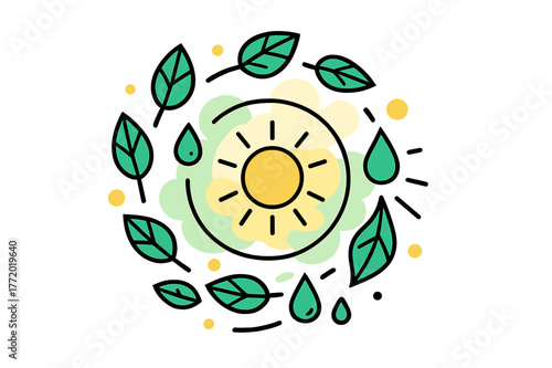 Life's Spiraling Renewal. Nature?s Rhythm. Leaves, drops, and sunbeams forming a spiral; each layer glowing slightly. Symbolic of life?s continuous renewal.