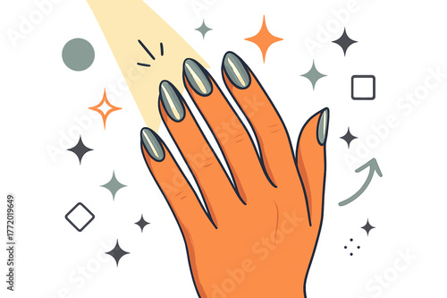 Metallic Foil Nails. Foil nails. Woman showing hand with metallic foil nails under bright light, abstract floating sparkles, stars, and geometric icons;