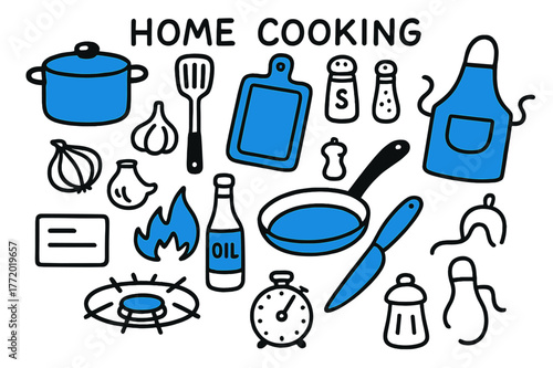 Home Cooking Doodles. // Home cooking. Hand-drawn doodle illustration Home cooking [pot (accented), skillet (accented), spatula, cutting board (accented), chef