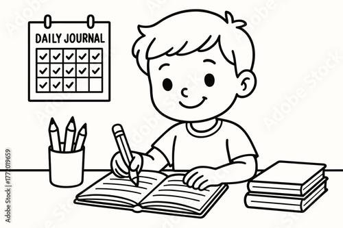 Smiling Child Journaling. Daily Journal Habit children?s coloring book illustration, outlined drawing, a smiling child writing in a notebook at a tidy desk