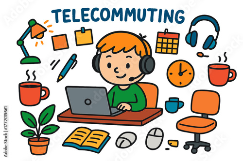 Telecommuting Doodle Icons. telecommuting. Colorful Hand-drawn doodle Children illustration telecommuting laptop, desk, chair, coffee cup, notebook, pen,
