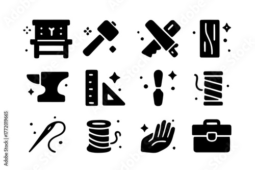 Artisan Tool Icons. Artisan Workshop. Solid icons set of Artisan Workshop: workshop, hammer, chisel, saw, anvil, ruler, paintbrush, wood plank, sewing needle,