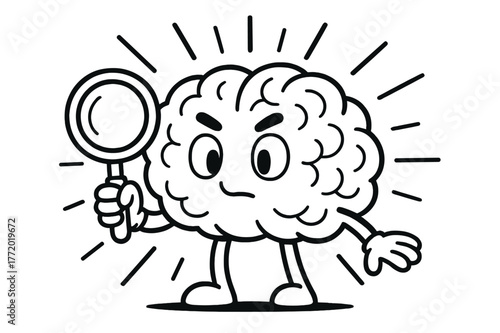 Cheerful Brain Detective. Focus and clarity children?s coloring book illustration, outlined drawing, a cheerful brain holding a magnifying glass surrounded by