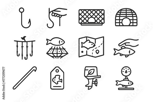 Responsible Fishing Icons. Responsible Fishing. Line icon set of Responsible Fishing: circle hook, handline, selective gillnet, fish trap pot, bird scaring