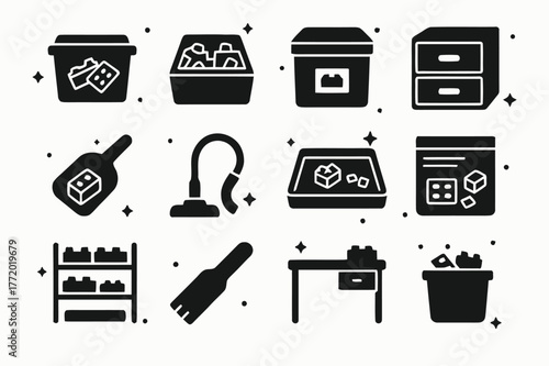 LEGO Storage Icons. LEGO Storage and Organization. Solid icons set of LEGO Storage and Organization: storage bin, color sorter, labeled box, small drawer,