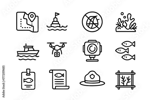 Marine Protection Icons. Marine Protected Areas. Line icon set of Marine Protected Areas: protected zone map, boundary buoy, no trawl sign, reef icon, patrol