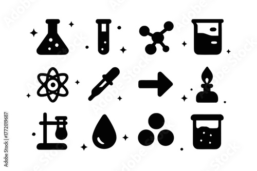 Lab Synthesis Icons. Lab Synthesis. Solid icons set of Lab Synthesis: flask, test tube, molecule, beaker, atom, pipette, reaction arrow, Bunsen burner, lab