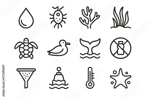 Ocean Health Icons. Ocean Health. Line icon set of Ocean Health: clean water droplet, plankton icon, coral branch, seagrass bed, sea turtle, seabird, whale