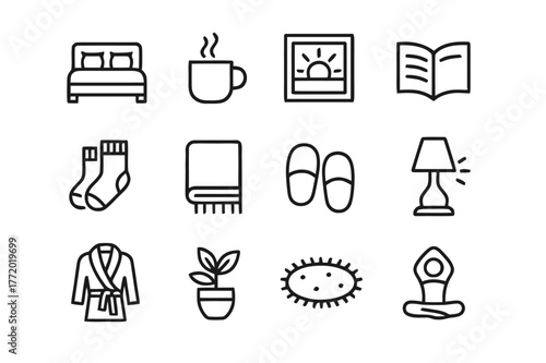 Morning Comfort Icons. Morning Comfort. Line icon set of Morning Comfort: bed with pillows, steaming mug, sunrise window, open book, warm socks, blanket,
