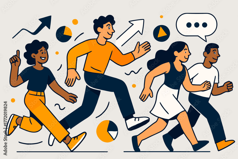 Obraz premium Dynamic Stylized Scene. Modern flat vector scene with expressive, stylized characters in dynamic motion. Clean, bold outlines combined with smooth flowing