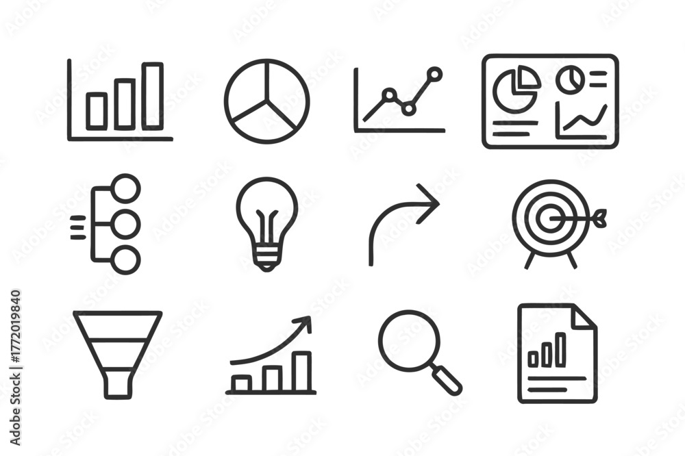 Fototapeta premium Data Storytelling Icons. Data storytelling in marketing. Line icon set of data storytelling: bar chart, pie chart, line graph, dashboard, infographic, light