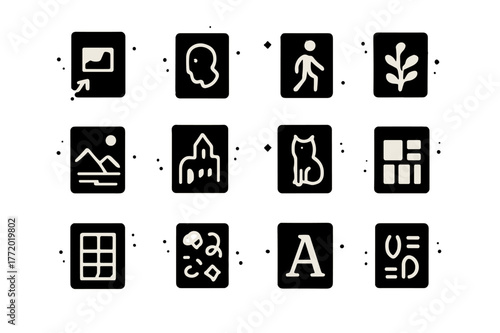 Sketch Icons Grid. Sketchbook Ideas. Solid icons set of Sketchbook Ideas: thumbnail sketch, portrait, still life, figure pose, landscape, architecture sketch,