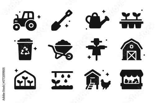 Organic Farming Icons. Farming and agriculture with organic produce. Solid icons set of Farming and agriculture with organic produce: tractor, hoe, watering