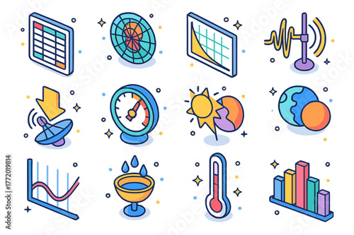 Link Analysis Icons. Link analysis and RF environment. Colorful isometric vector icons set of Link analysis and RF environment: link budget worksheet, antenna