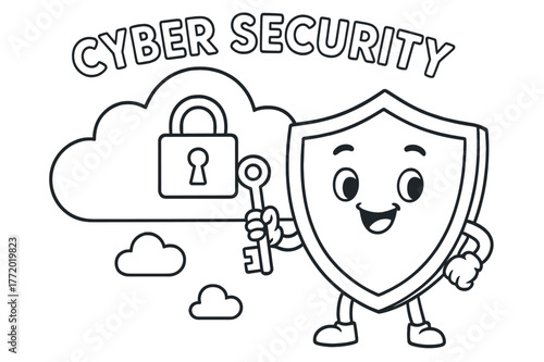 Kids' Cyber Security Fun. Cyber security for kids children?s coloring book illustration, outlined drawing, a happy shield character guarding cloud data with a