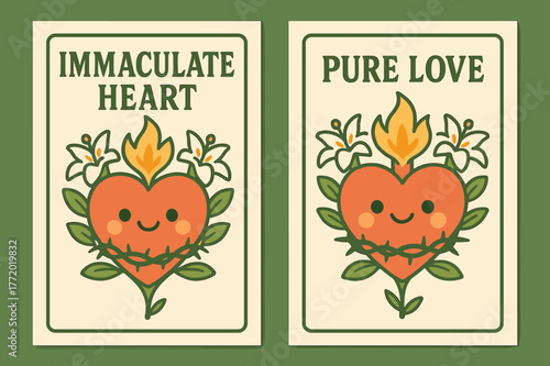 Kawaii Heart Banners. Immaculate Heart. Two vertical A6 banners with safe margins, centered composition, no elements touching edges, kawaii, olive green and