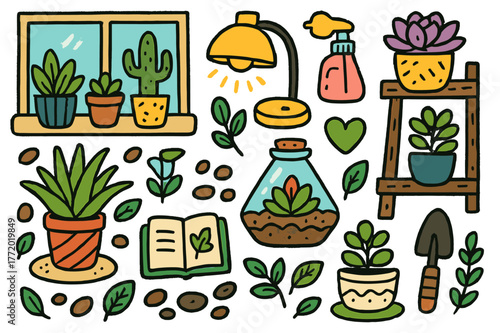 Colorful Succulent Scene. Indoor succulents. Colorful Hand-drawn doodle Children illustration Indoor succulents windowsill, terrarium, aloe pot, small watering