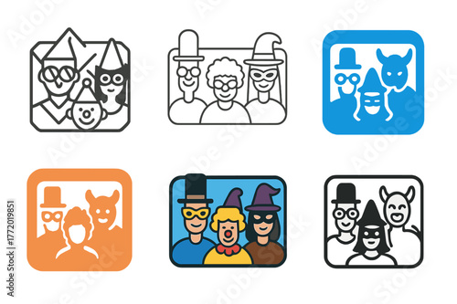 Costume Party Logos. people wearing funny costumes at a costume party. Set Logo of people wearing funny costumes at a costume party: Photo booth props group.