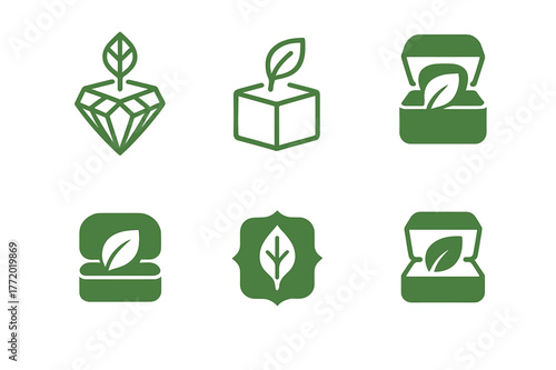 Eco Jewelry Logo Variations. Eco jewelry packaging. Set Logo of Eco jewelry packaging: jewelry box with leaf emblem. harmonious logo variations of the same