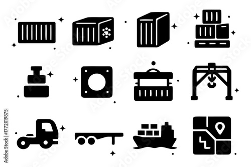 Shipping Container Icons. Shipping containers and yards. Solid icons set of Shipping containers and yards: standard container, reefer container, high-cube