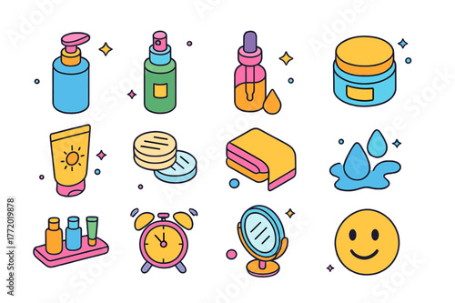Skincare Routine Icons. Daily skincare routine. Colorful isometric vector icons set of Daily skincare routine: cleanser bottle, toner spray, serum dropper,