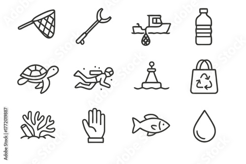 Ocean Cleanup Icons. Ocean cleanup. Line icon set of ocean cleanup: fishing net, trash grabber, cleanup boat, plastic bottle, sea turtle, diver,