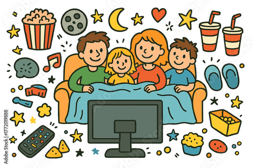 Colorful Family Movie Night. Family movie night. Colorful Hand-drawn doodle Children illustration Family movie night popcorn bowl, TV screen, couch, blanket,
