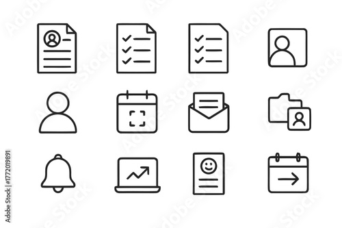 Follow-up Icons Set. Follow-up and Minutes. Line icon set of Follow-up and Minutes: meeting minutes document, attendance list, decisions check, action items