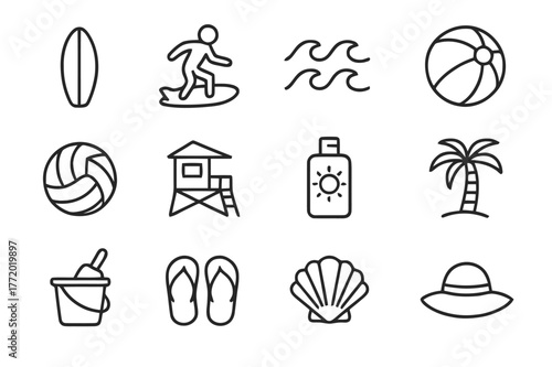 Coastal Activities Icons. Coastal activities. Line icon set of coastal activities: surfboard, surfer, waves, beach ball, volleyball, lifeguard tower, sunscreen