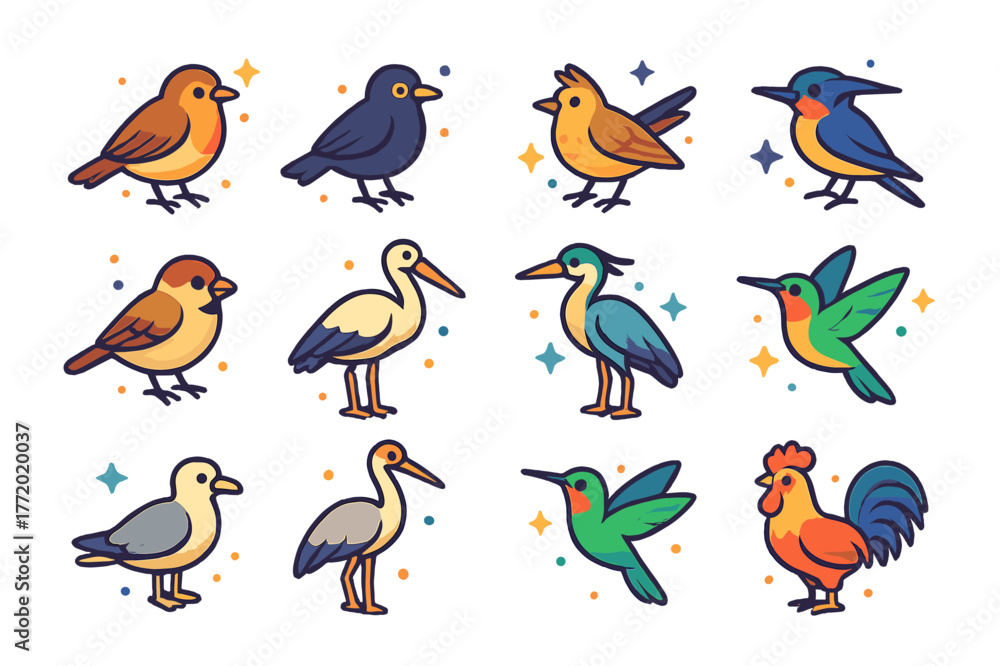 Naklejka premium Daybreak Bird Icons. birds at daybreak. Colorful isometric vector icons set of birds at daybreak: robin, blackbird, skylark, swallow, sparrow, stork, heron,