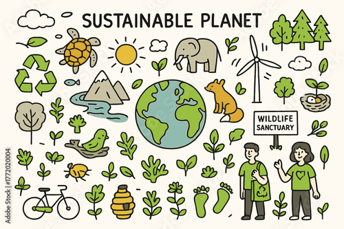 Sustainable Earth Doodle. Sustainable planet. Hand-drawn doodle illustration Earth globe (colored), trees (colored), recycling symbols (colored), endangered