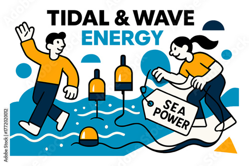 Sea Power Illustration. Tidal & Wave Energy. Bobbing floats rhythmically pump as a submarine cable snakes to shore; a tag says ?Sea Power.? Foam dots sparkle