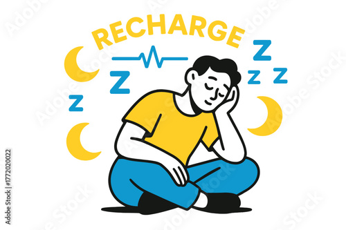 Serene Sleep Symbols. Better Sleep & Recovery. A calm figure rests as floating moon icons and gentle Z-shapes overlap. ?Recharge? glows softly above