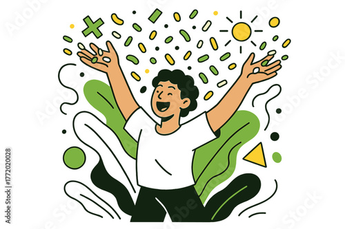 Confetti Joy Burst. Confetti Explosion. Person tossing handfuls of confetti with floating abstract geometric shapes and glowing accents, joyful and festive