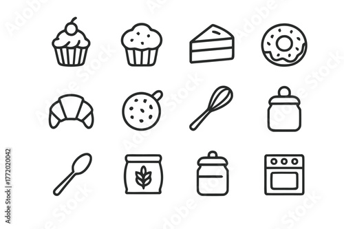Bakery Icon Set. Sweet bakery. Line icon set of bakery treats: cupcake, muffin, cake slice, donut, croissant, cookie, rolling pin, whisk, spoon, flour bag,