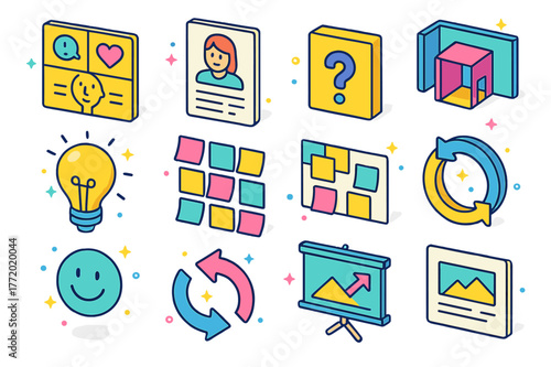 Design Thinking Icons. Design thinking for students. Colorful isometric vector icons set of Design thinking for students: empathy map, persona card, problem