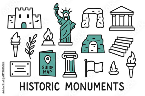 Historic Monuments Doodle. // Historic monuments. Hand-drawn doodle illustration Historic monuments [fortress (accented), statue (accented), memorial flame