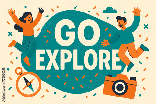 Go Explore Banner. Go explore banner, flat vector illustration, bold oversized text inside rounded blob, cartoon characters jumping and waving, compass and