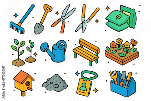 Colorful Park Restoration Icons. Park restoration day. Colorful isometric vector icons set of park restoration day: rake, shovel, pruning shears, mulch bags,