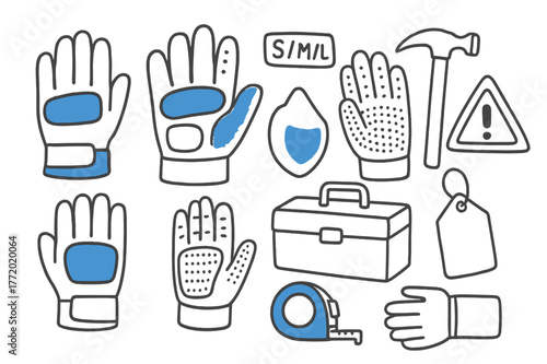 Doodle Work Gloves. // Work gloves. Hand-drawn doodle illustration work gloves [glove pair (accented), single glove, palm padding (accented), wrist cuff,