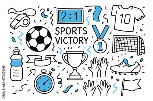 Sporting Victory Icons. Sports victory. Hand-drawn doodle illustration sports victory soccer ball (accented), whistle, scoreboard (accented), jersey, medal