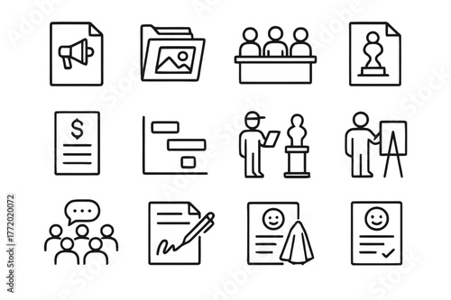 Public Art Icon Set. Public Art Curation. Line icon set of Public Art Curation: open call notice, artist portfolio, selection jury, proposal sketch, budget