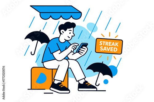 Rainy Gaming Shelter. Playing a mobile game on the go ? Rainy shelter. Umbrella silhouettes and droplet lines form a rhythm as the player taps under an awning.