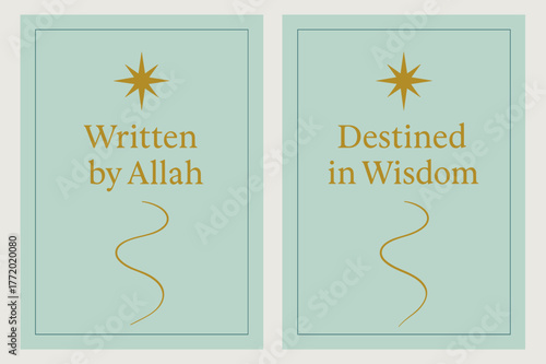 Divine Wisdom Banners. Qadr. Two vertical A6 banners with safe margins, centered composition, no elements touching edges, minimal, turquoise and gold, path