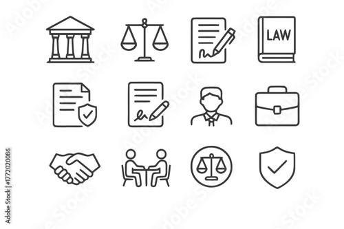 Legal Icon Set. Legal Advice and Support for Individuals and Businesses. Line icon set of Legal Advice and Support for Individuals and Businesses: courthouse,