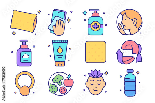 Acne Hygiene Icons. Acne prevention hygiene. Colorful isometric vector icons set of Acne prevention hygiene: clean pillowcase, phone wipe, hand sanitizer,