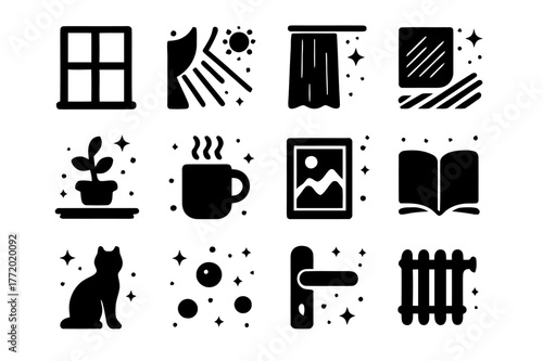 Window Light Icons. Window Light. Solid icons set of Window Light: window frame, sunbeam, sheer curtain, shadow stripes, windowsill plant, coffee mug, picture